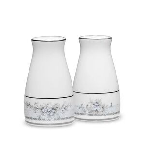 Noritake White Ceramic Salt & Pepper Shakers with Gray Floral Motif